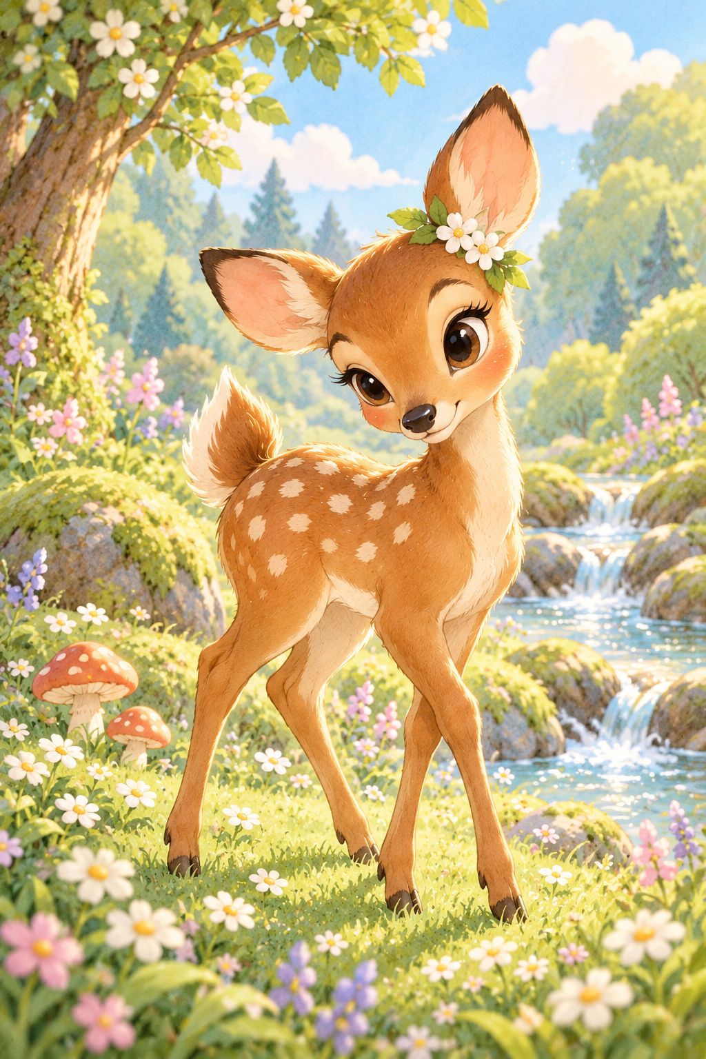 Cervatilla de estilo kawaii en un bosque primaveral